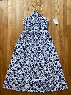 *NWT* Cotton White and Blue Floral Maxi Dress with Spaghetti Straps